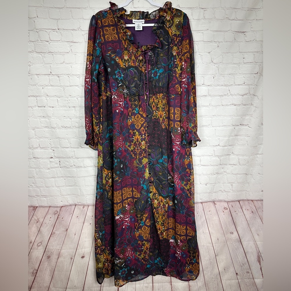 Jessica London Georgette maxi tier Dress blouson sheer sleeves prairie sz 18